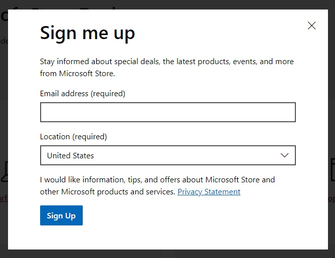 Microsoft Store Mailing List Pop Up