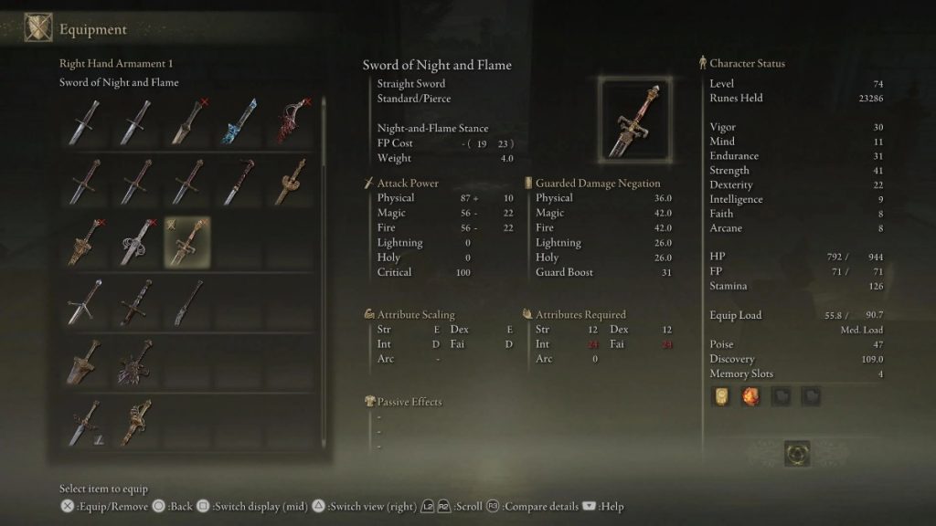 Elden Ring Sword of Night and Flame Stats