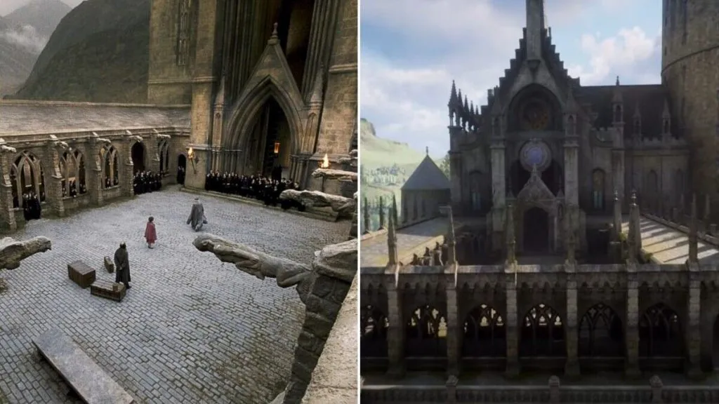 hogwarts legacy courtyard with dumbledore umbridge weasley brothers