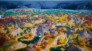 a zoomed out perspective of the Fortnite Chapter 4 Season 1 map