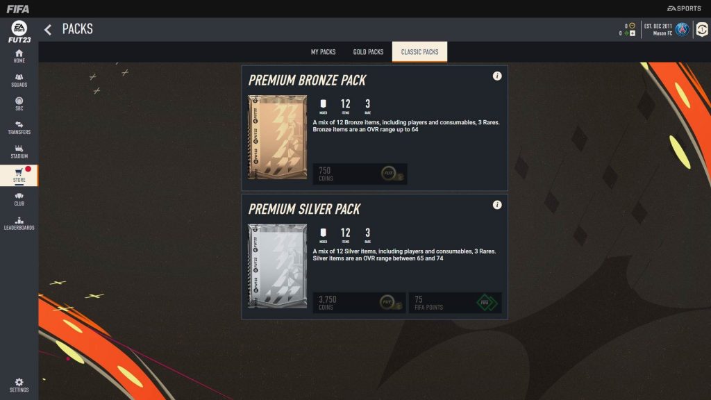 Bronze packs in FIFA 23 Web App
