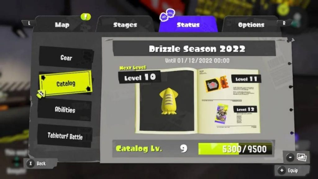 Splatoon 3's Drizzle Season 2022 menu with a yellow squid in the middle
