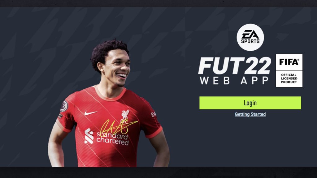 FIFA Web App starting screen and login page