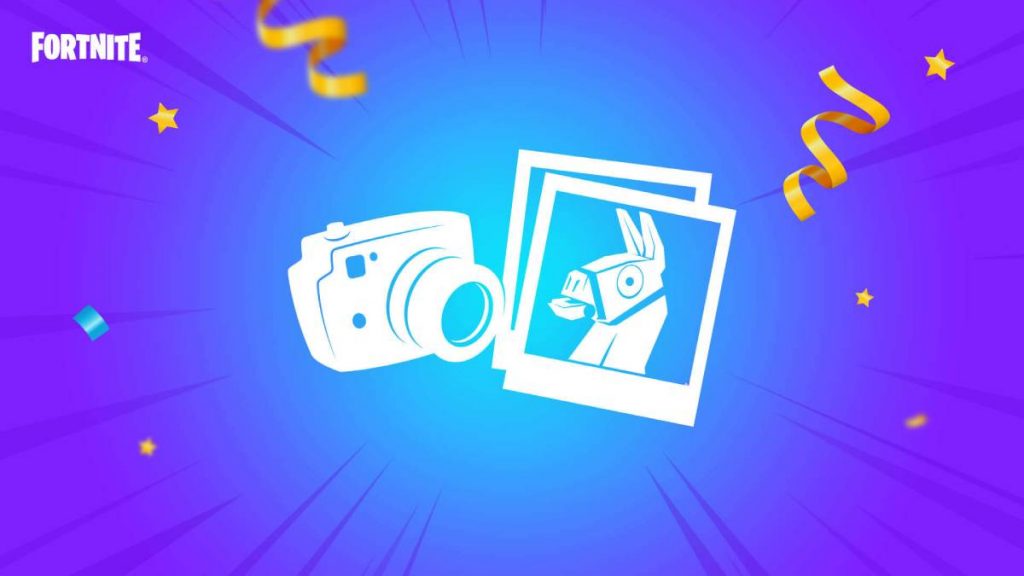 the Fortnite supply llama and a camera surrounded by party poppers