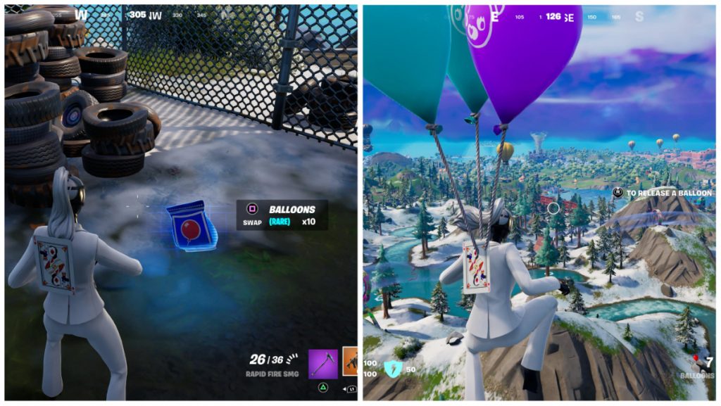 the loveless skin from Fortnite next to a packet of balloons  on the left and then using them to fly on the right