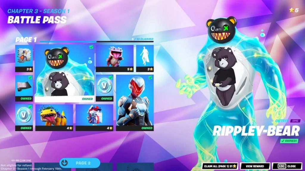 the Fortnite Chapter 3 Season 4 Battle Pass featuring the Grriz skin on the right and various other unlockable tiers on the left