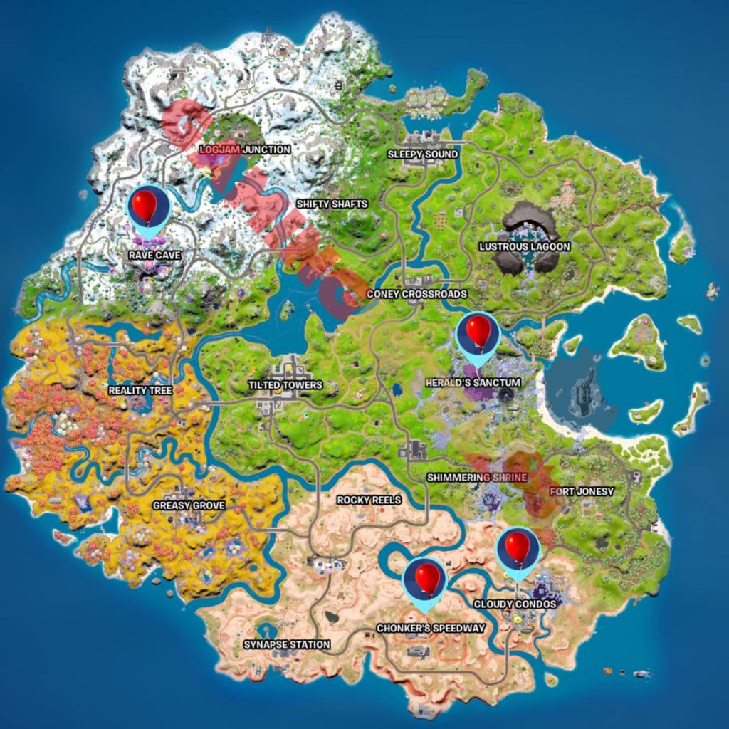 the Fortnite Chapter 3 Season 4 map illustrating the best locations to drop to get Balloons