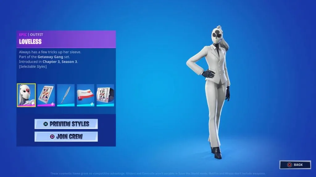 the Fortnite Loveless skin along with a series of icons showing her accessories