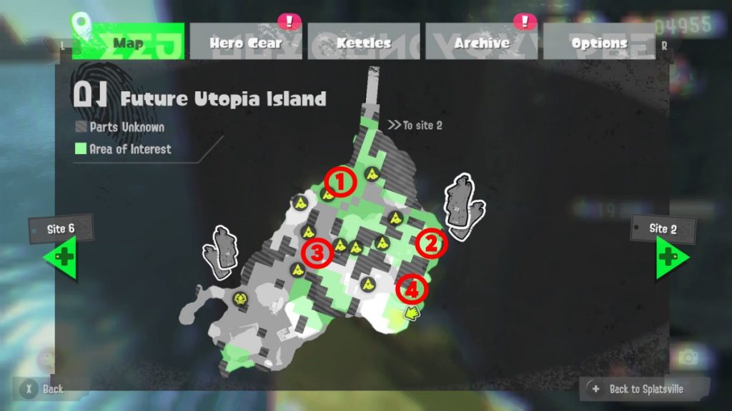 Future Utopia Island map from Splatoon 3 with the Sunken Scroll locations circled in red