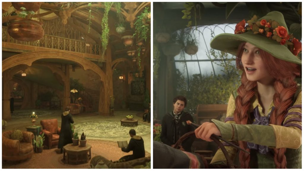 the Hufflepuff common room on the left with an arched wooden platform and hanging plants overlooking students reading books and an unnamed Herbology teacher with red hair and a witches hat on the right passing a cauldron to someone off screen