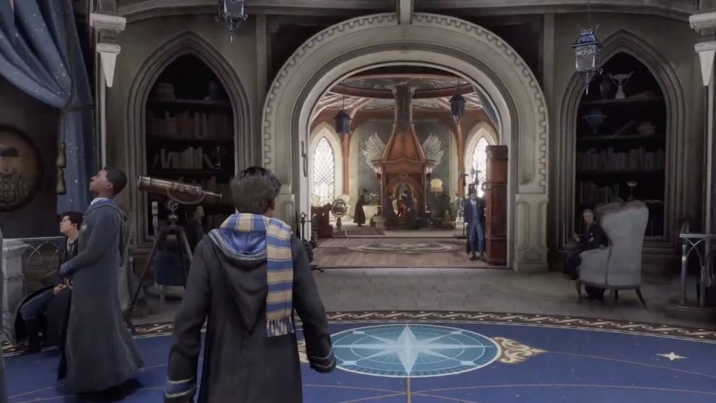 the player character from Hogwarts Legacy walking towards an arched entrance way in the Ravenclaw common room with a student standing next to a telescope to their left