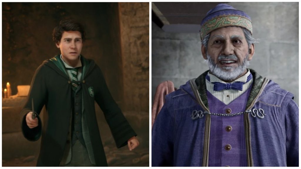 Sebastian Swallow from Slytherin house in Hogwarts Legacy on the left holding a wand and looking perplexed and Abraham Ronen on the right smiling in his dark blue robes and hat
