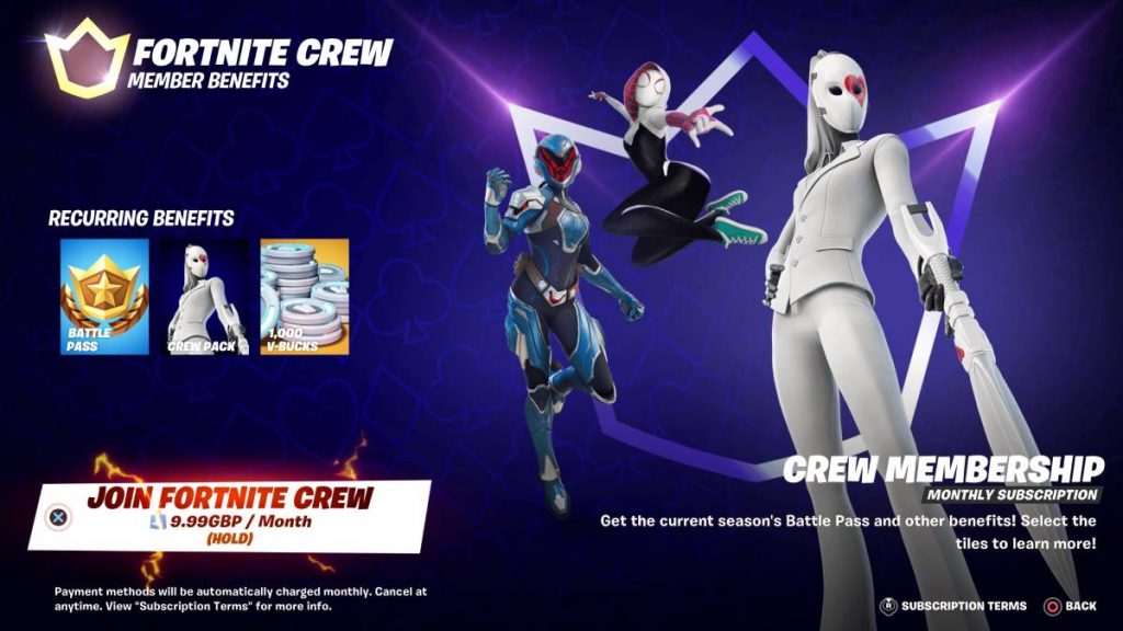 the Loveless, Paradigm and Spider-Gwen skins from Fortnite next to the option to purchase the Fortnite Crew Subscription