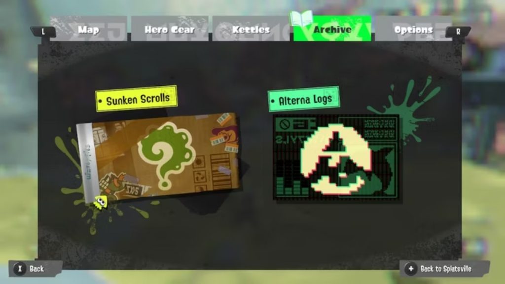the Archive section of the Splatoon 3 menu showing the Sunken Scrolls