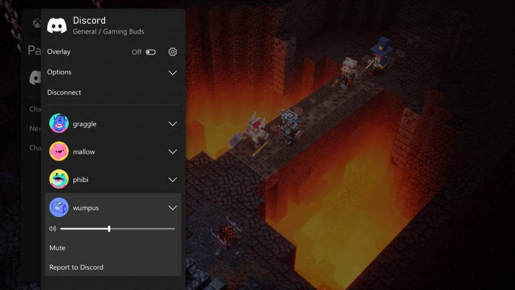 the discord app open on an Xbox displaying various people in the voice chat overlaid on top of gameplay of Minecraft Dungeons