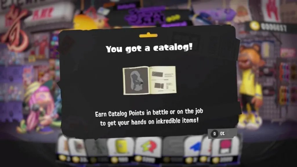 a text box displaying that the player has unlocked the Catalog in Splatoon 3