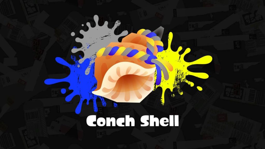 a drawing of a Conch Shell in Splatoon 3 surrounded by splashes of yellow, blue and grey ink
