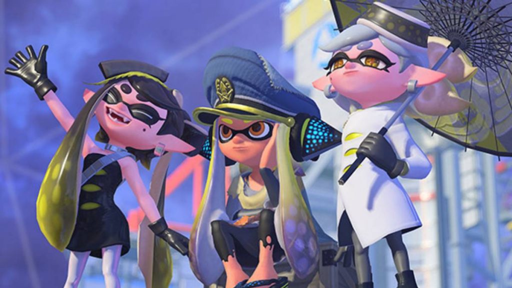 Callie, Marie and The Captain from Splatoon 3 looking up at something