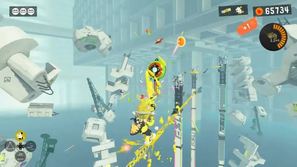 an inkling grinding along a rail shooting balloons in the Secret Kettle stage in Splatoon 3