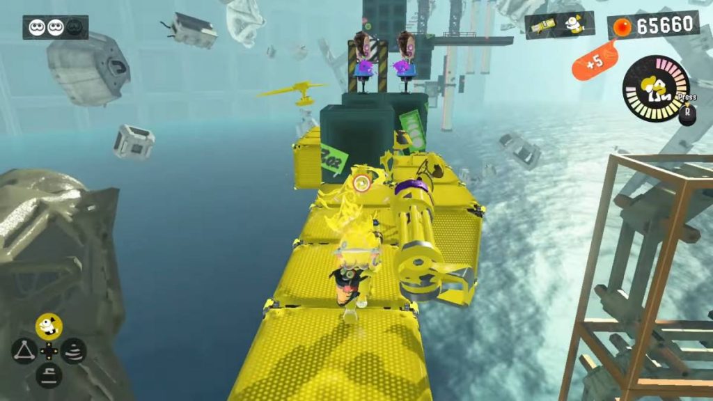 an inkling running across soaker blocks covered in yellow ink in the Secret Kettle stage in Splatoon 3