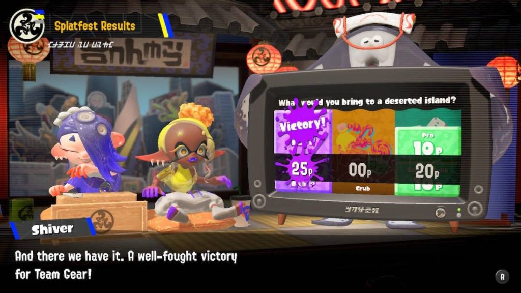 Shiver and Frye from Splatoon 3 sat next to a TV displaying the Splatfest results 