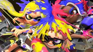 three inklings holding various weapons from Splatoon 3 bashing into each other while grinning with blue, red and yelllow ink exploding in the middle of them