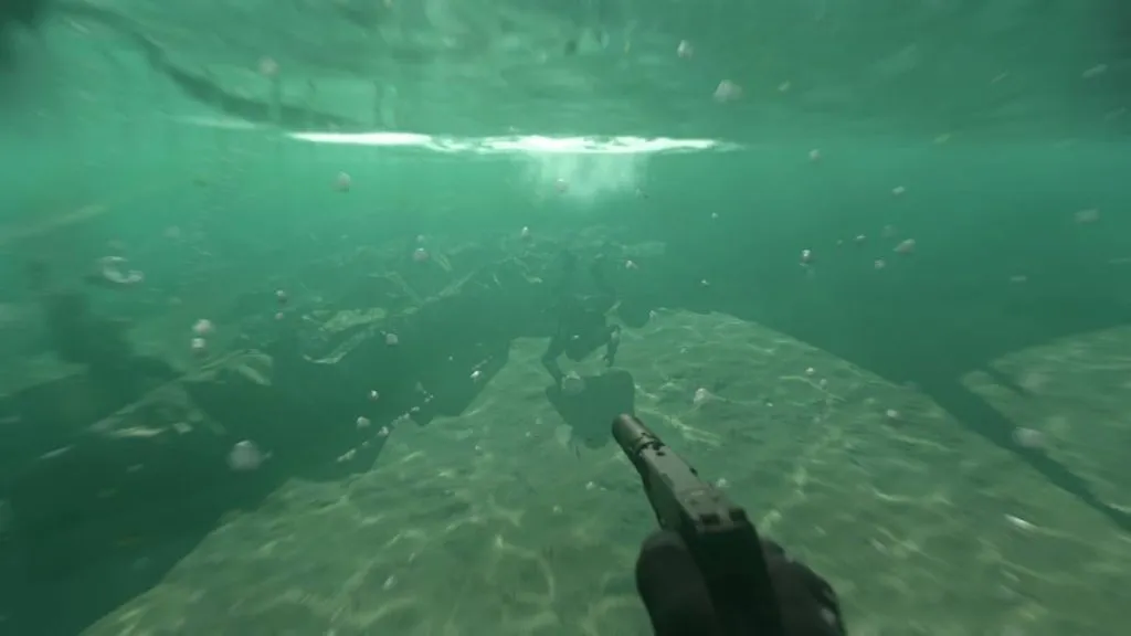 a hand holding a pistol under murky water while another soldier dives down to meet them