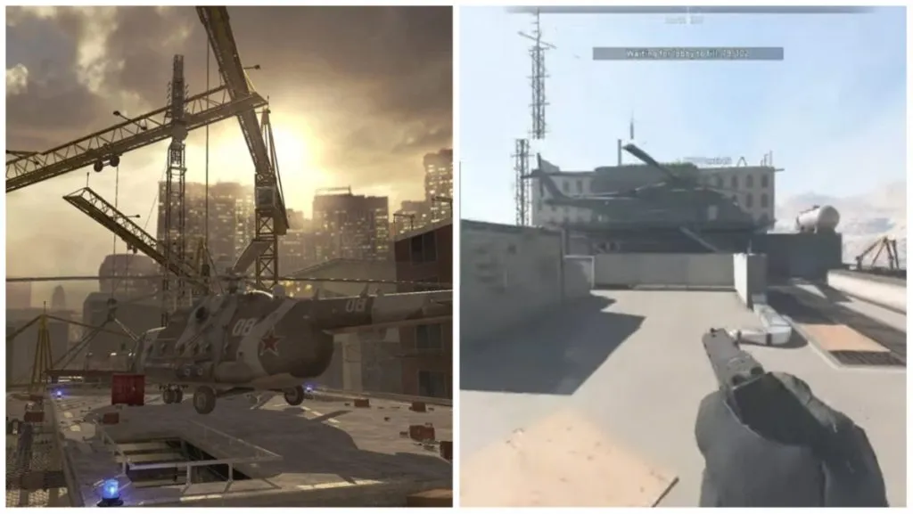 on the left is a highrise building under construction from the map Highrise from Call of Duty: Modern Warfare 2 with cranes looming above a helicopter on a helipad and on the right is a hand carrying a pistol opposite a helicopter waiting on a helipad from the POI Al Mazhar City from Warzone 2