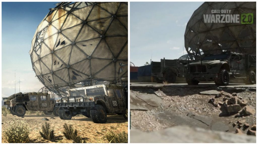 on the left is a giant Dome in a dusty desert with a Humvee in front of it in the map Dome from Call of Duty: Modern Warfare 3 and on the right is a giant dome in an abandoned area in the POI Observatory from Warzone 2