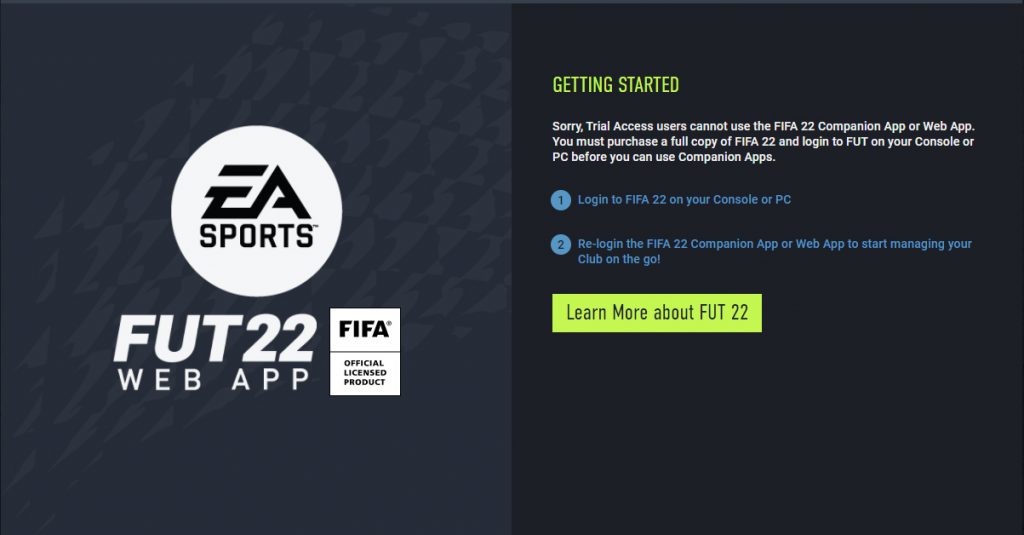 FIFA 23 Web App error message


