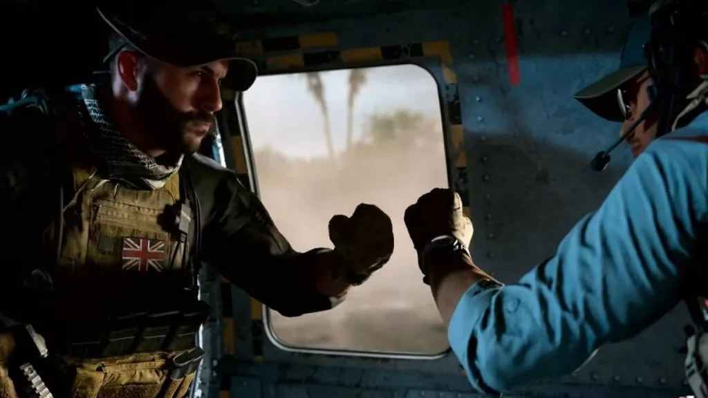 Captain Price and Kyle Garrick from MW2 fist bumping in a helicopter