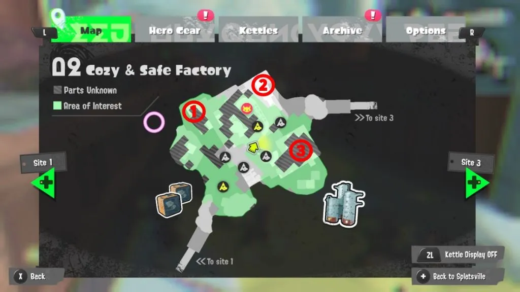 a map of Cozy & Safe Factory in Splatoon 3 showing all of the Sunken Scroll locations