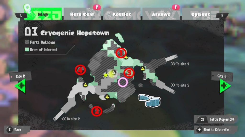 a map of Cryogenic Hopetown in Splatoon 3 showing all of the Sunken Scroll locations