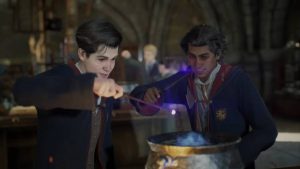 the player character and another student using magic over a cauldron in Hogwarts Legacy