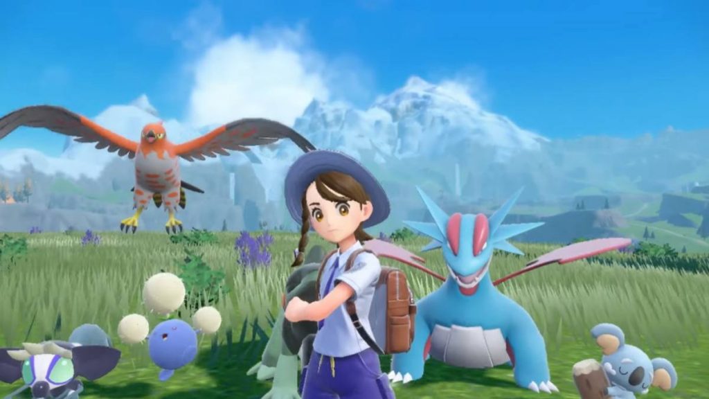 a Pokemon trainer standing in front of a row of Pokemon including Salamence
