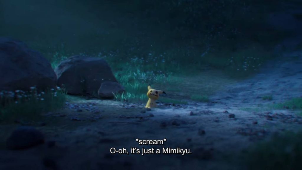 Mimikyu from Pokemon walking across a dark forest