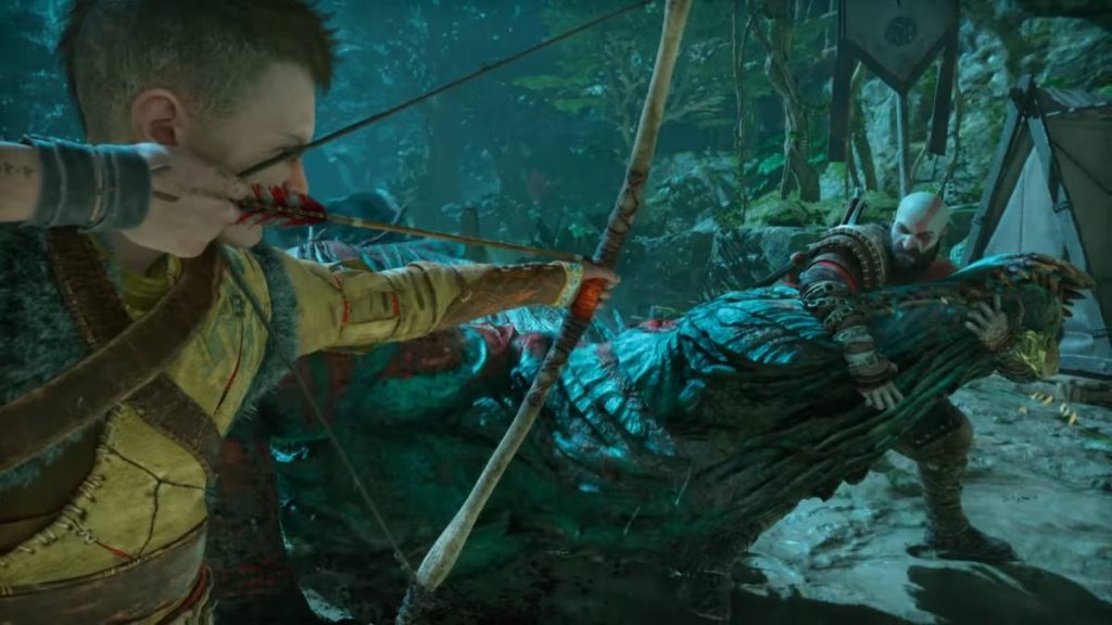 Atreus aiming his bow at a monster Kratos is holding down in God of War Ragnarok