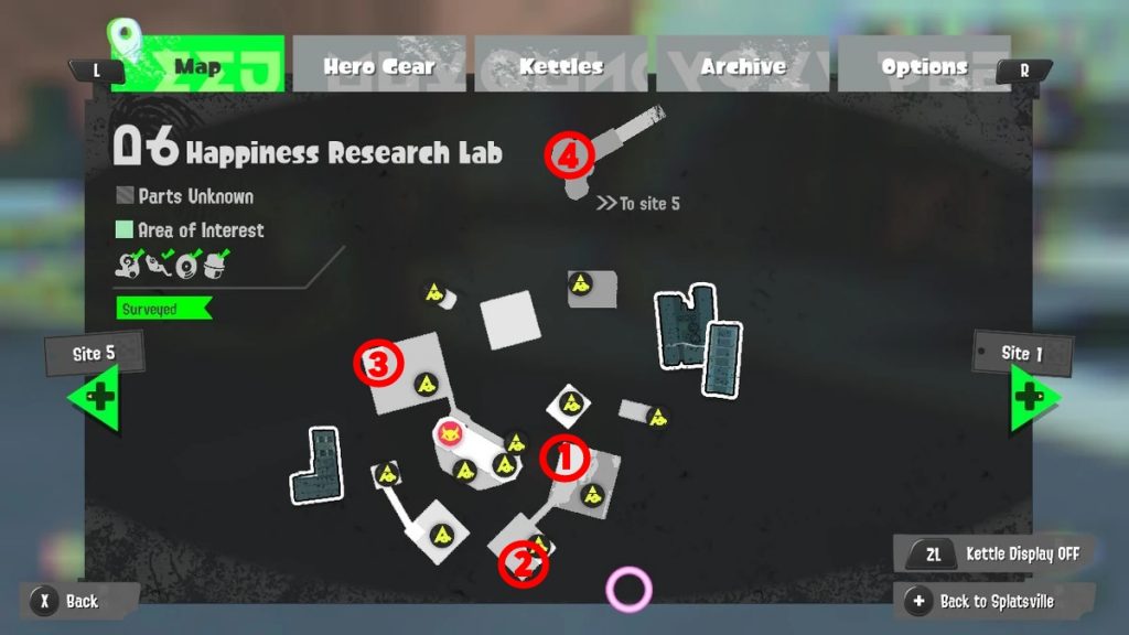 a map of Happiness Research Lab in Splatoon 3 showing all of the Sunken Scroll locations