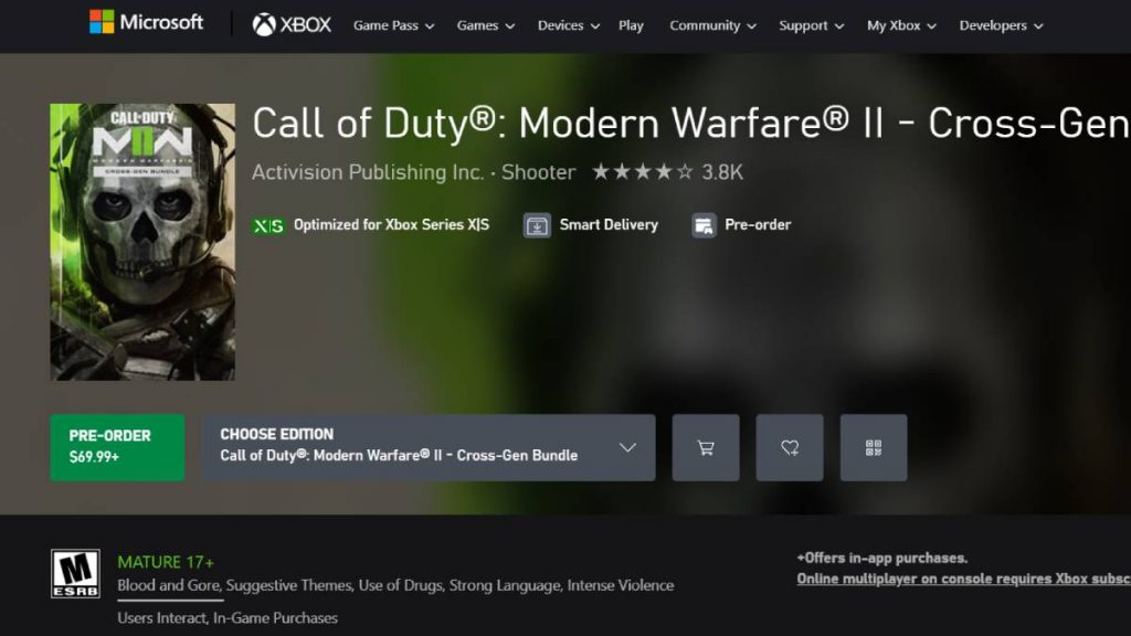 The MW2 Xbox pre-order screen