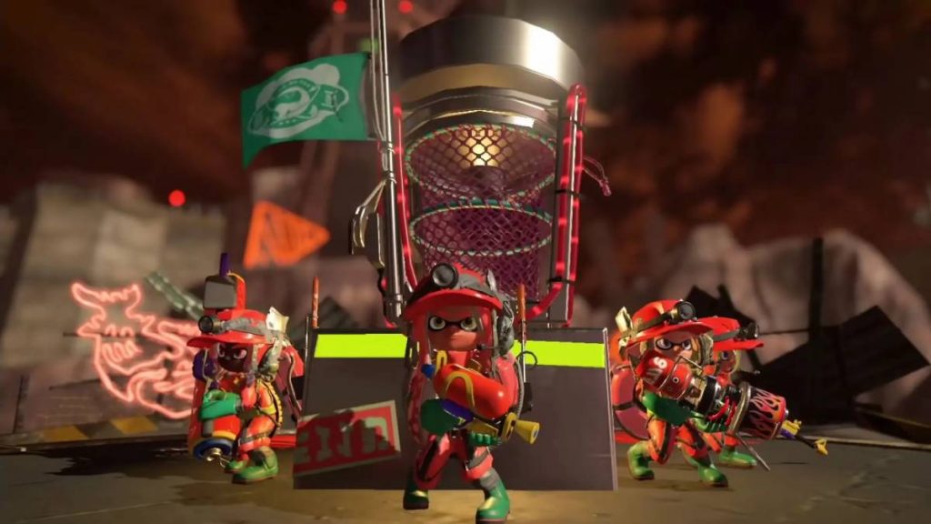 Inklings in the Salmon Run mode in Splatoon 3 next to a tall basket