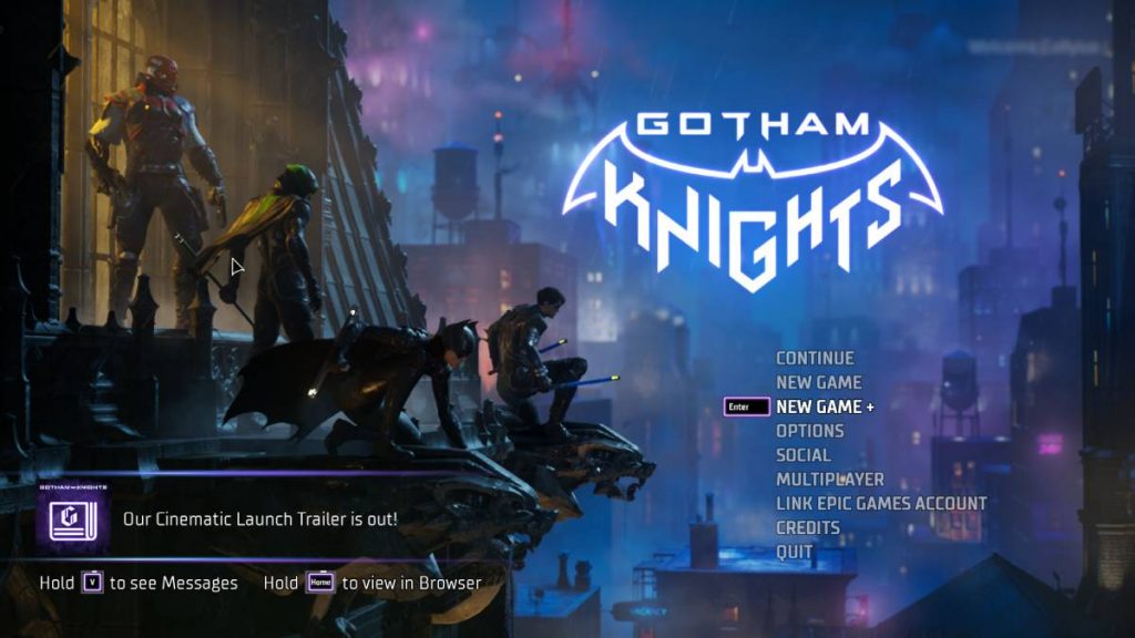 the main menu from Gotham Knights with Red Hood, Bat Girl, Robin and Nightwing on the left and the game's logo in the top right