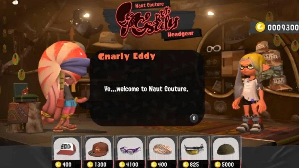 the Naut Couture shop from Splatoon 3 with Gnarly Eddie talking to the player character 