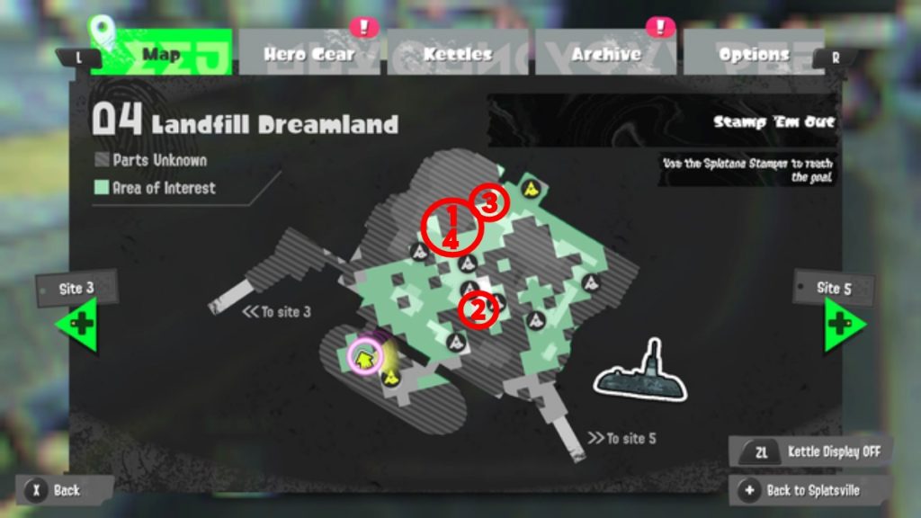 a map of Landfill Dreamland in Splatoon 3 showing all of the Sunken Scroll locations