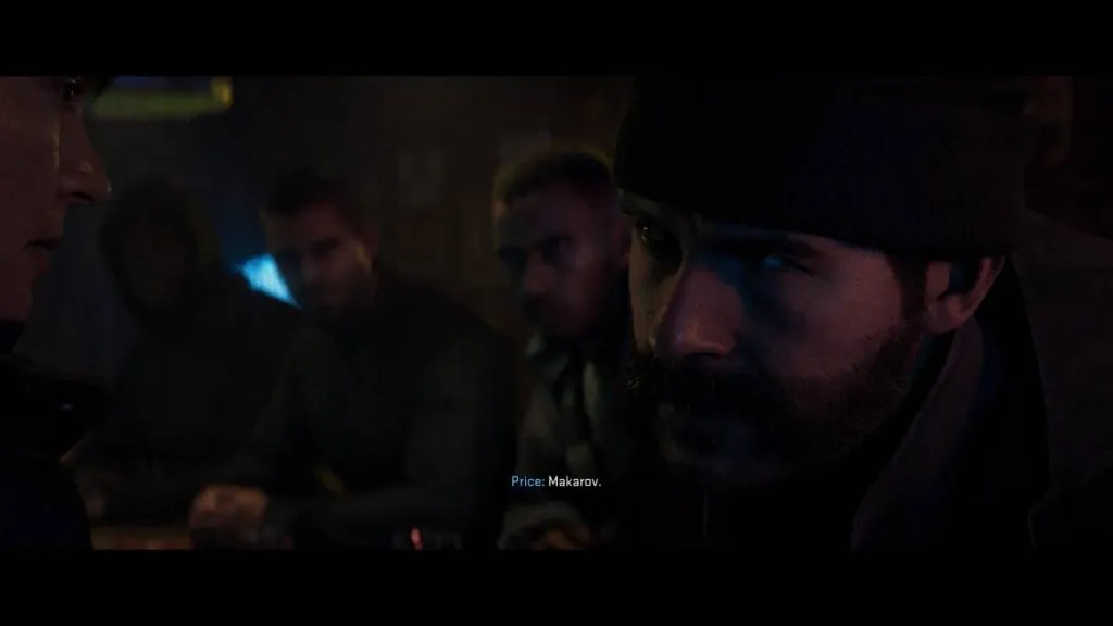 Captain Price telling Laswell the name "Makarov" in a bar in MW2