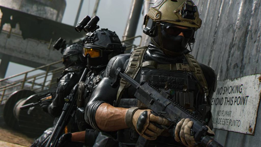 soldiers wearing night-vision goggles on their helmets standing with guns outside of a building in MW2