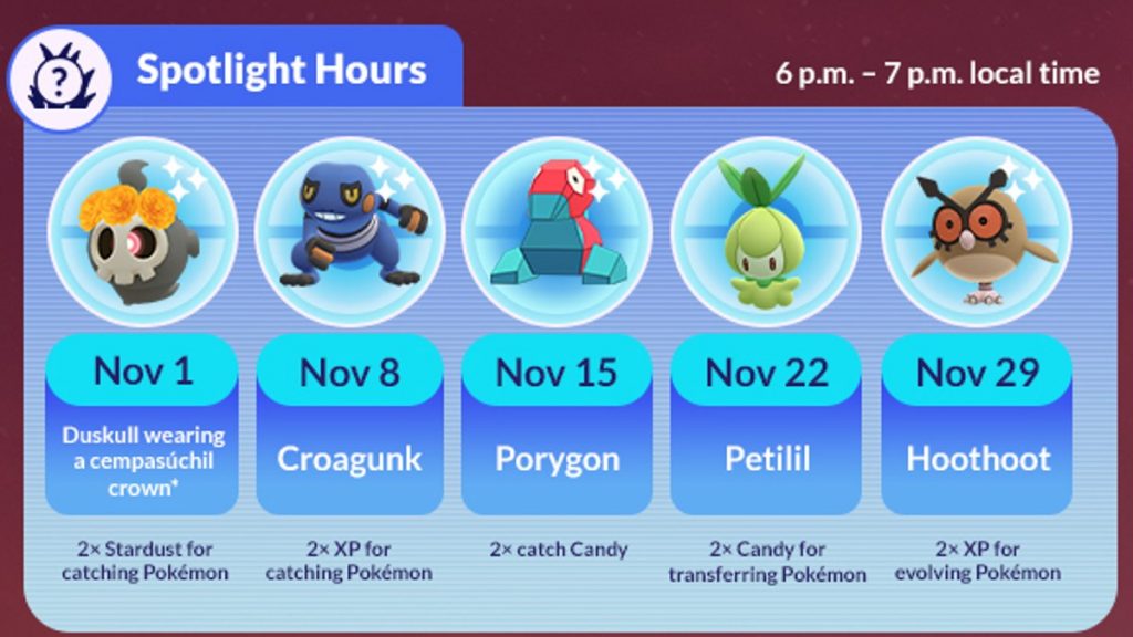 Pokemon GO November 2022 Spotlight Hours