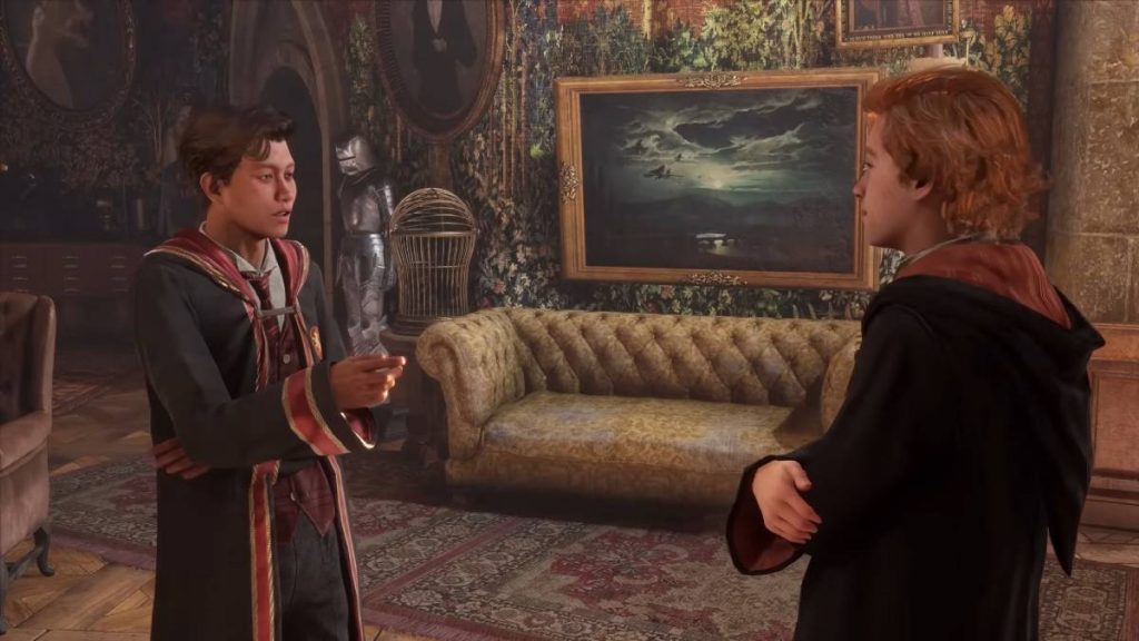 Solomon and the player talking in the Gryffindor common room in Hogwarts Legacy