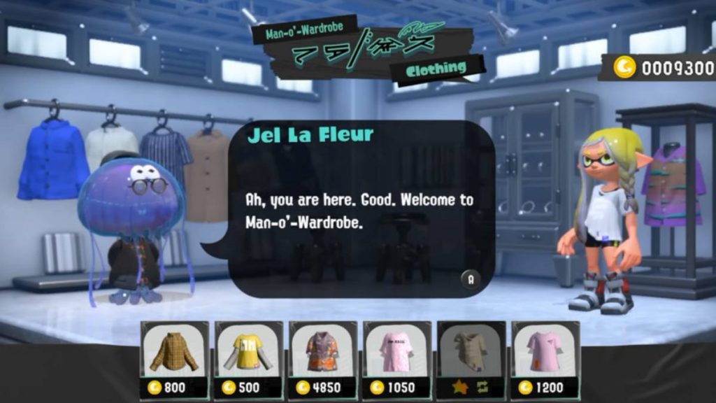 the Man O Wardrobe shop from Splatoon 3 with Jel La Fleur talking to the player character