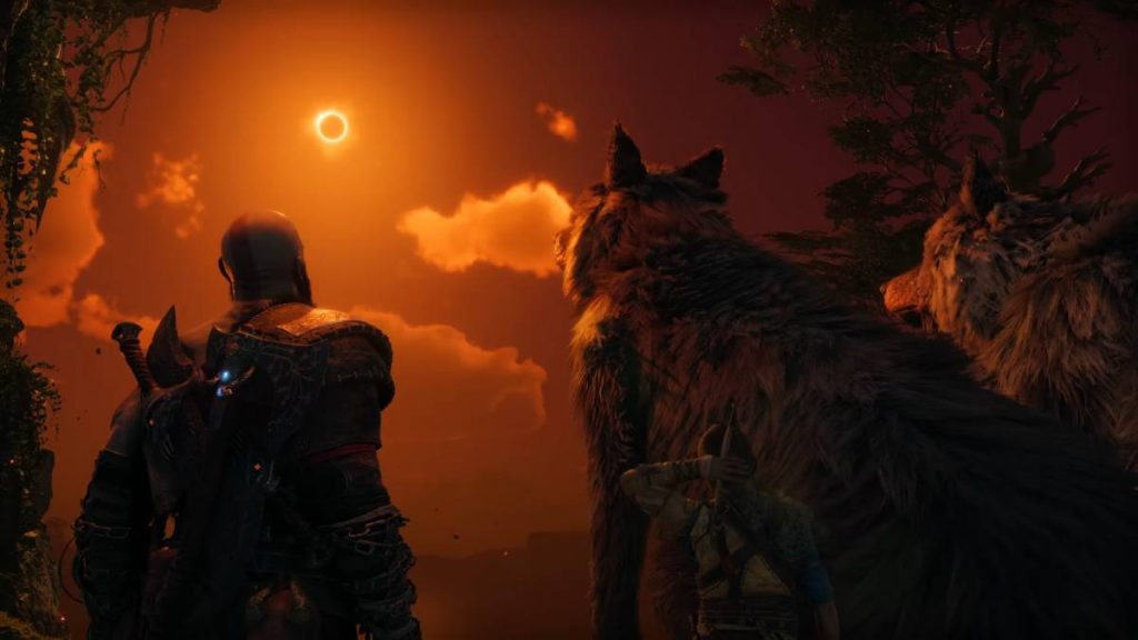 Kratos, Fenrir and Atreus looking up at an eclipse in God of War Ragnarok