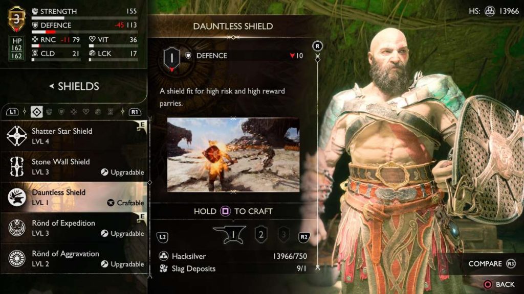 Kratos holding the Dauntless Shield in God of War Ragnarok